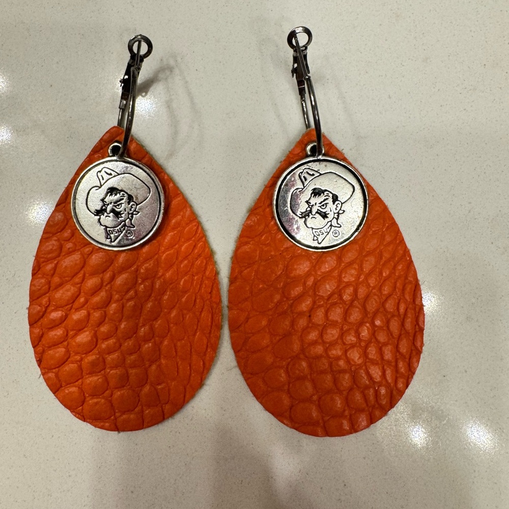 Oklahoma State Orange Textured Earrings with Silver Pistol Pete Accents